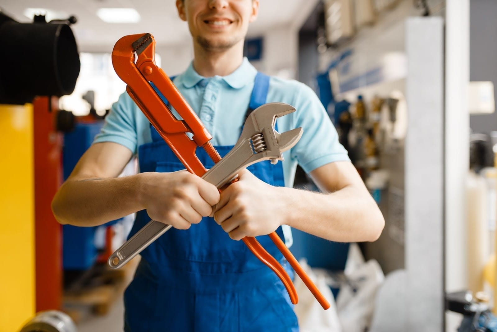Mechanic with a welcoming smile holding a wrench and pliers in a well-equipped workshop.