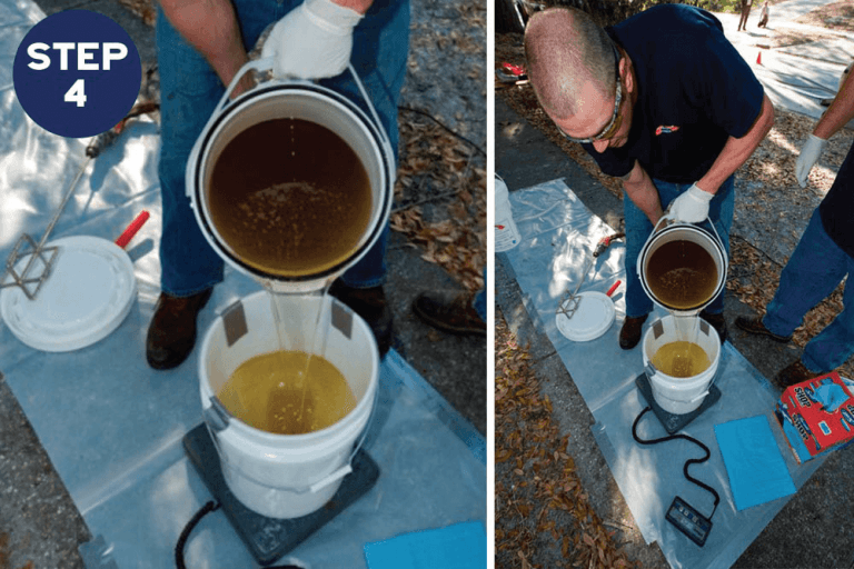 Two images showing people transferring liquid from one container to another. The left image shows a person pouring brown liquid from a bucket into a white bucket on a digital scale. The right image shows a person wearing glasses doing the same, with measuring equipment nearby. A "STEP 4" label is in the top left corner.