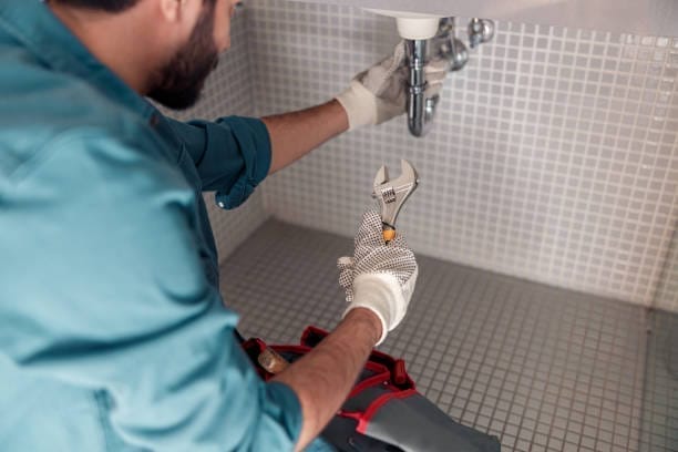 A plumber fixing a sink in a bathroom.
