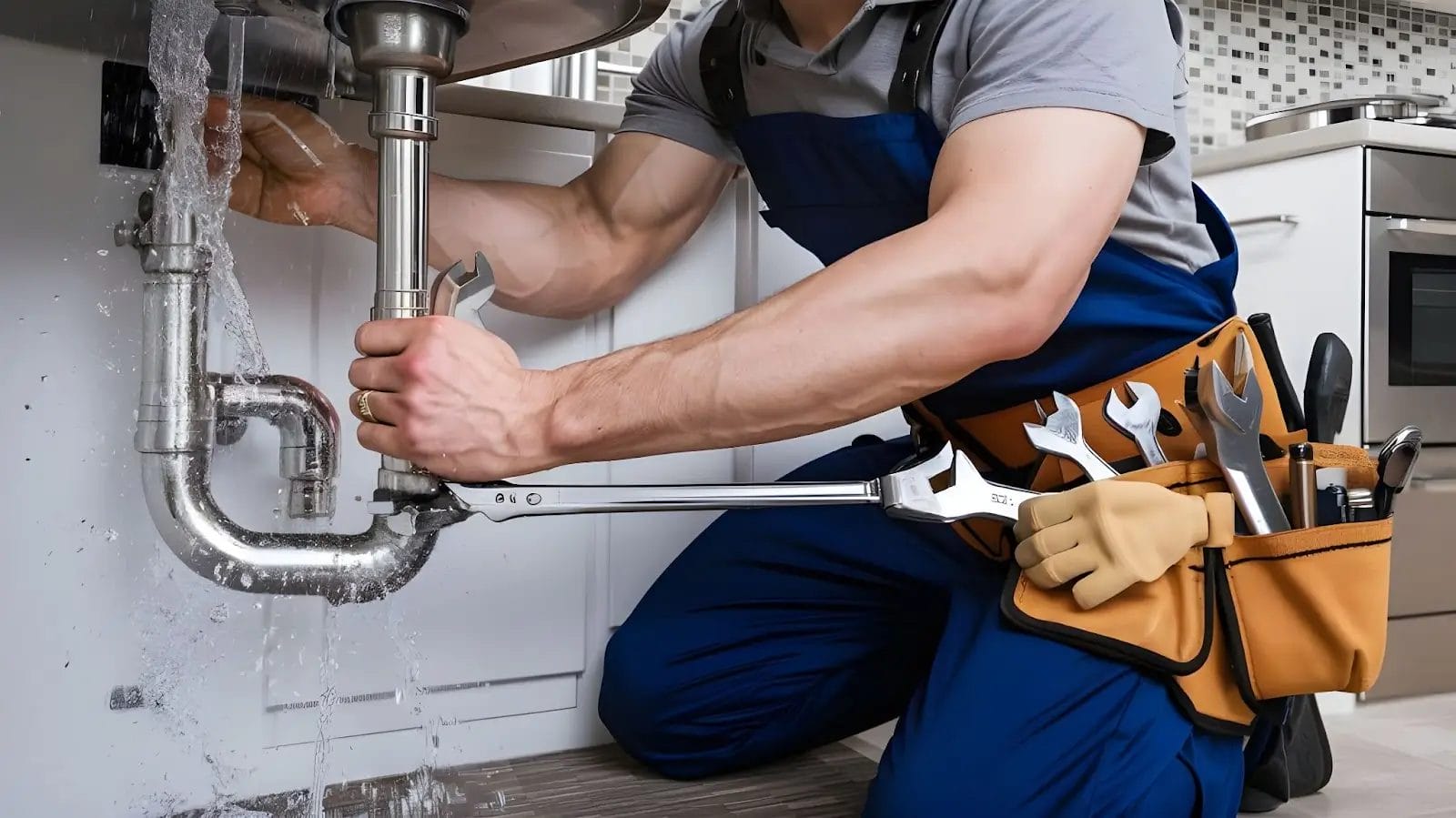 Plumber in blue overalls fixing a leaking pipe under a sink with tools.