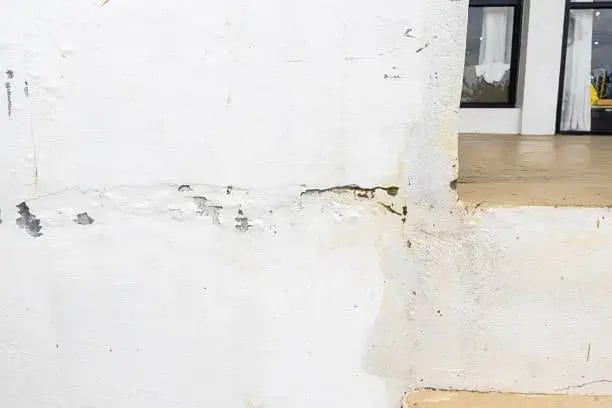 Cracked and weathered white wall near a concrete step and window.