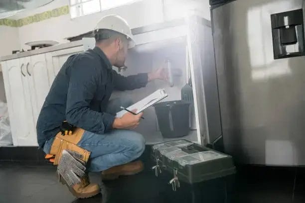 A worker in a hard hat and tool belt inspects a sink pipe with a clipboard, near a refrigerator and toolbox.