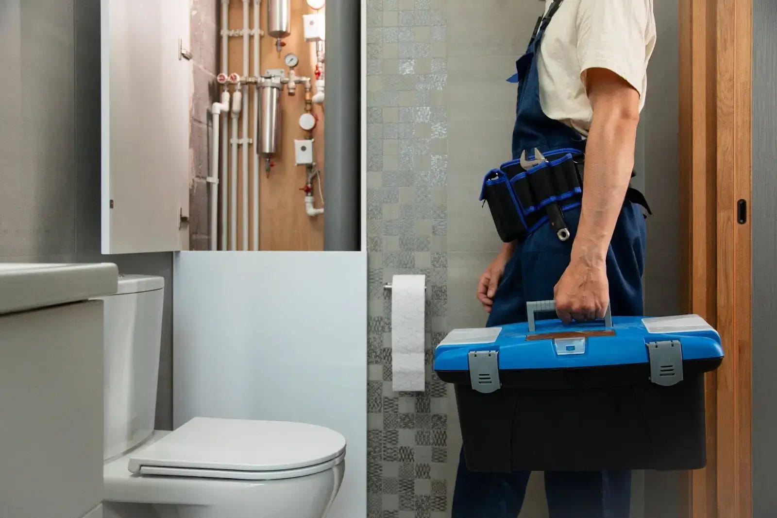A bathroom with a toilet and open cabinet revealing pipes and plumbing equipment, next to a worker holding a blue toolbox.