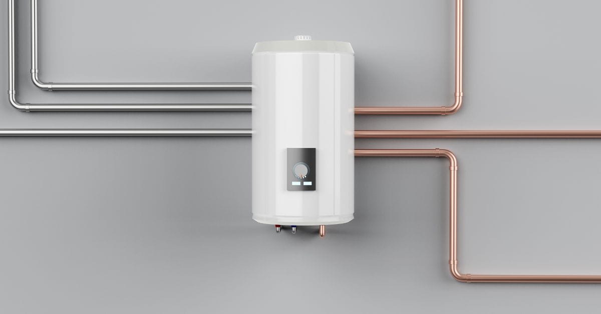 Modern tank water heater installed on a wall with copper and steel plumbing pipes connected.
