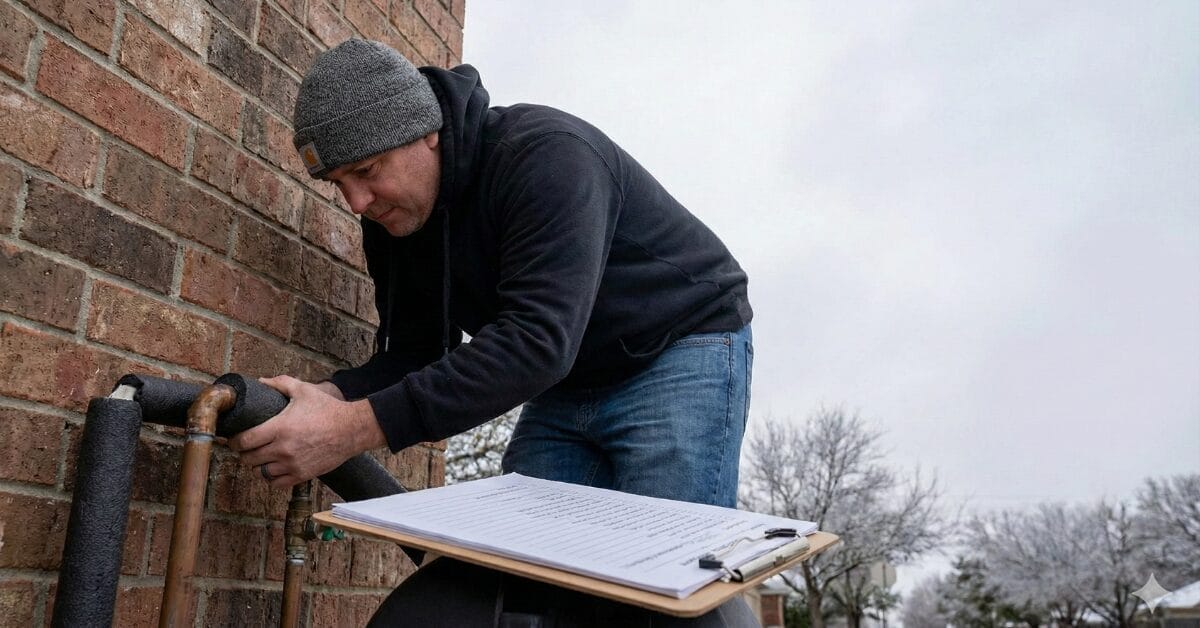 Smelscer Plumbing technician insulating outdoor pipes with foam insulation and using a clipboard checklist during winter.
